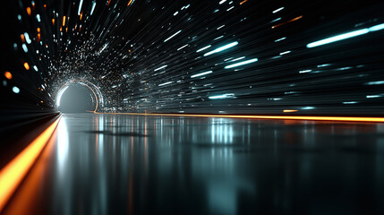Poster - Orange and teal futuristic hud tunnel rotating with glowing lights and digital particles moving fast on a dark background, perfect for entertainment production