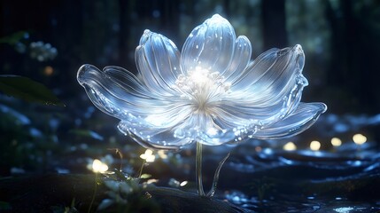 Poster - 暗闇の中で輝く幻想的な光の花 青白い光と透明感のある神秘的なイメージ 緑の森と水面 背景のぼかし