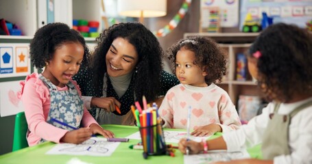 Aufkleber - Drawing, learning and teacher with children in classroom for education, nursery and creative art. Growth, kindergarten and academy with woman and kids at school for helping and child development