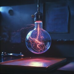 Poster - Illuminating light bulb surrounded by striking lightning bolt creating a dynamic energy display