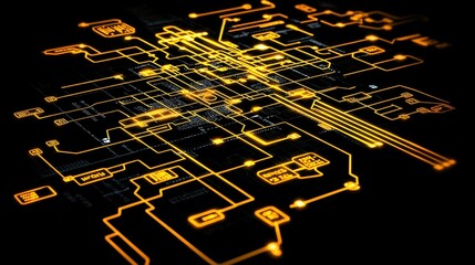 Fototapete - Circuit board illuminated by a bright yellow light highlighting intricate electronic components