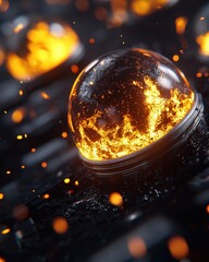 Poster - A brilliant fireball displaying fiery colors resting on a wooden table creating a dynamic scene