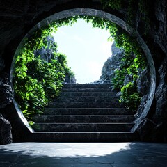 Poster - A mysterious stairway leading through a dark cave indicating adventure and exploration of nature