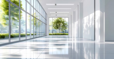 Poster - 明るいオフィスインテリアの窓と緑の木々が反射する白い床のデザイン空間