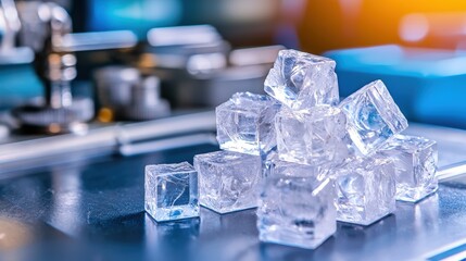 Poster - Close-up of ice cubes on a table highlighting their transparency and textural intricacies