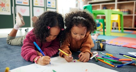 Aufkleber - Color, friends and drawing with girls in classroom for child development, artwork and creative project. Youth, academy and growth with students at school for knowledge, learning and kindergarten
