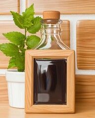 Poster - Elegant bottle filled with liquid and adorned with green plant creating a stylish decorative piece