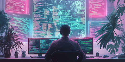 Poster - Person sits at desk surrounded by computer screens displaying lines of code, illuminated in pink and teal hues; tropical plants add a contrasting element to this digital workspace