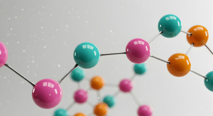 Poster - Abstract Molecular Structure with Pink Turquoise and Orange Spheres on Gray Background
