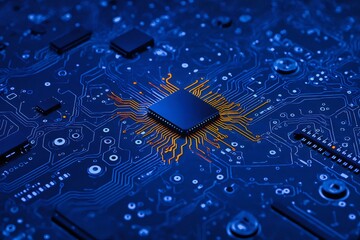 Aufkleber - 青色とオレンジ色の発光要素を備えた回路基板のクローズアップテクノロジーデザイン