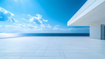Poster - 青い空と海に面した白いモダン建築 日差しの中で輝くコントラストの風景