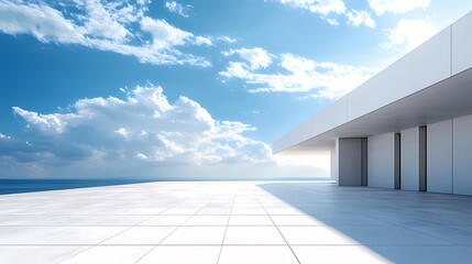 Aufkleber - 青空と白い建物と海の風景 明るい光が降り注ぐモダンな建築デザインのパノラマビュー