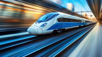 Aufkleber - 高速鉄道が都市トンネルを疾走する鮮やかな青と白の塗装 未来的な輸送技術のイメージ