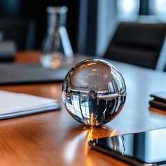 Poster - Elegant glass globe resting on a table with soft lighting highlighting its crystal clear design