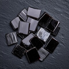 Poster - Pile of shiny black glass fragments with varying shapes and sizes creating an intriguing texture