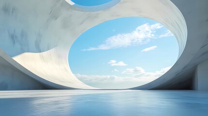 Aufkleber - 白い円形構造物と青い空のコントラスト 未来的な建築デザインと明るい光の風景