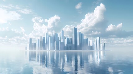 Aufkleber - 水面に浮かぶ未来都市のパノラマ 青い空と雲の下にそびえ立つ高層ビル群のデジタルイラスト