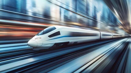 Aufkleber - 高速鉄道の鮮やかな表現 未来的な白い電車が高速で移動する 抽象的な背景に青と白の線が流れる
