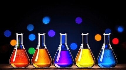 Poster - A row of colorful test tubes filled with bright liquids displayed on a laboratory workbench surface