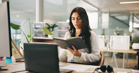 Aufkleber - Planning, notebook and research with business woman in office for news editor, interview date and fact check. Review, writer schedule and publication with person in media agency for proofreading