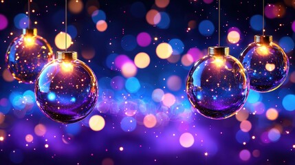 Poster - Three beautiful christmas ornaments hanging from strings against a soft background creating festive cheer