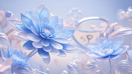 Aufkleber - 淡い青色の花が咲く背景の柔らかな光の花びらが光るクローズアップビュー