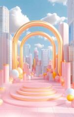 Aufkleber - ピンクのアーチと球体による都市風景のデザイン 鮮やかな青空を背景にしたモダンな3Dレンダリング