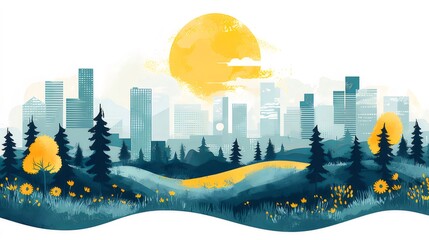Poster - 鮮やかな色彩の都市風景 水彩画風の太陽と青い空にそびえる高層ビル