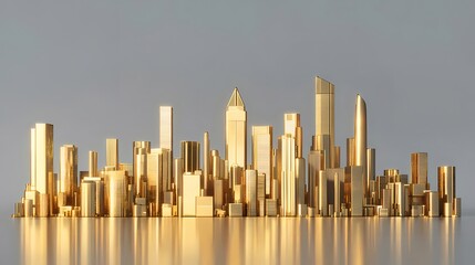 Poster - 黄金色の都市建築物の立体的な表現 輝く光と影のコントラスト シンプルな背景