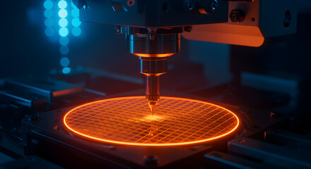 Poster - Semiconductor Wafer Fabrication Process with Orange Glow Under Blue Lights High Precision Machinery