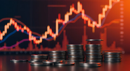 Poster - Stacks of Coins Reflecting Financial Chart on a Dark Background Representing Economic Growth Investment and Market Analysis