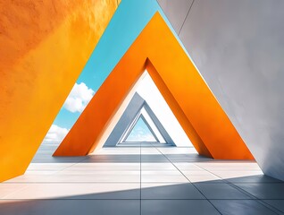 Aufkleber - オレンジと白の三角形アーチ構造が青空の下に並ぶ現代的な建築デザイン