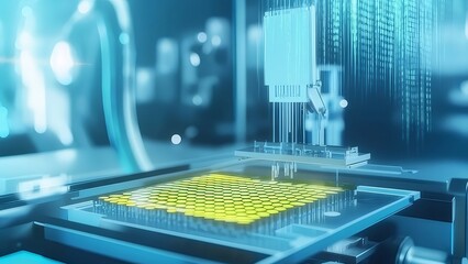Aufkleber - 未来的な青色と黄色の電子回路基板のクローズアップ 高度なテクノロジーのデザイン