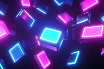 Aufkleber - 暗闇の中のネオンカラーライトボックス 青とピンクの蛍光色 幾何学的形状が輝く 未来的なデジタルアートデザイン