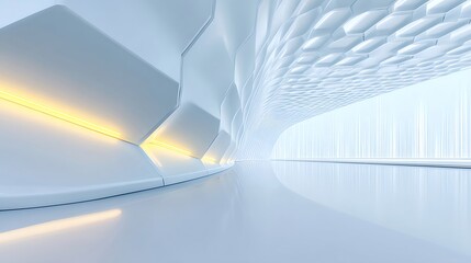 Poster - 白と黄色が特徴の未来的な幾何学的デザインの光る通路背景の3Dレンダリング