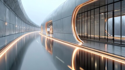 Poster - メタリックな未来的な建築の屋内通路 輝くオレンジ色の照明と反射する表面