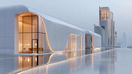 Aufkleber - 洗練された白い未来的な建築デザインが空の下に光る洗練された構造です