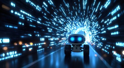 Poster - 青い光のトンネルを進むロボットの未来的ビジョン 暗闇の中で光るデジタルデータ 抽象的な技術デザイン