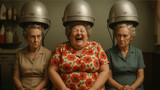 Three elderly women sit under vintage hooded hair dryers. The middle woman laughs heartily, while her companions on either side look sternly ahead.