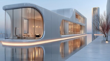 Aufkleber - 水面に浮かぶ未来的な白い家 ガラス張りの窓と青い空の背景 近代建築のデザイン