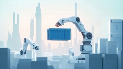 Aufkleber - 未来都市に設置されたロボットアームが青い箱を持ち上げるシーン 淡い背景とデジタルデザイン