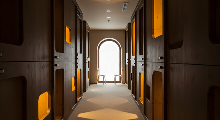Poster - Interior View of Long Hallway with Wood Paneled Doors and Arched Window Allowing Natural Light