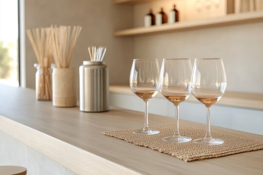 Wine-making supplies and glasses on a home bar counter