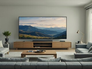 Poster - モダンなリビングルーム 内の大型テレビと木製キャビネット 白い壁と窓からの自然光が特徴の快適な空間