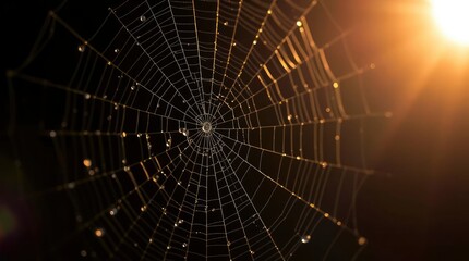 Glistening spiderweb illuminated by golden light, adorned with water droplets in a dark,
