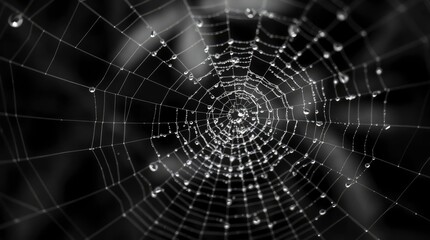 Monochrome capture shows intricate spiderweb glistening with dew drops against a blurred, dark
