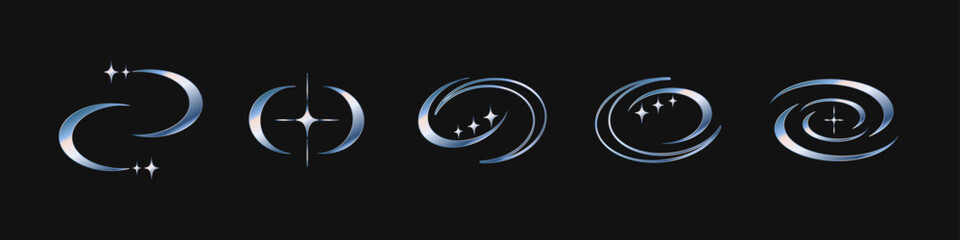 Poster - Retro y2k metallic symbols and shapes, futuristic abstract frames and symbols with blinking stars. Vector design elements and logos set.