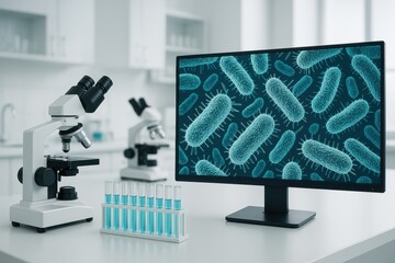 Aufkleber - Laboratory Setup Featuring Microscopes and a Computer Displaying Bacteria on Screen in a Modern Research Facility