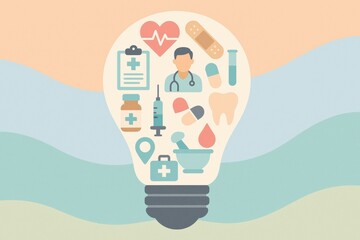 Aufkleber - Light Bulb Design Showcasing Healthcare Symbols With Medical Professional and Tools on Pastel Background