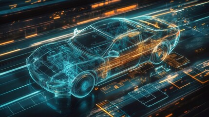 Aufkleber - 未来的なデジタル自動車の青とオレンジ色の輝く光によるデータ表現都市背景